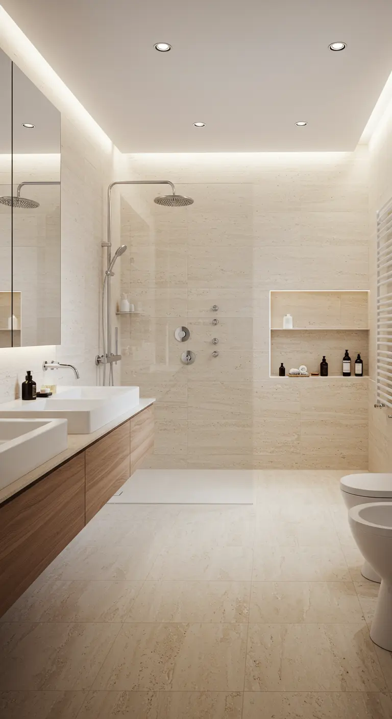 Badkamer met zandkleurige tegels, ingebouwde nis in de douche en warme verlichting.