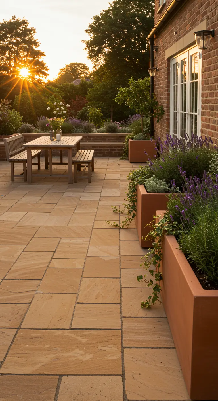 Zandkleurig tegelterras met grote terracotta plantenbakken gevuld met lavendel en een houten eettafelset.