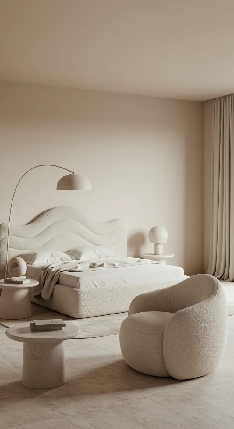 Beige slaapkamer met golvend hoofdbord, ronde fauteuil en bijzettafel.
