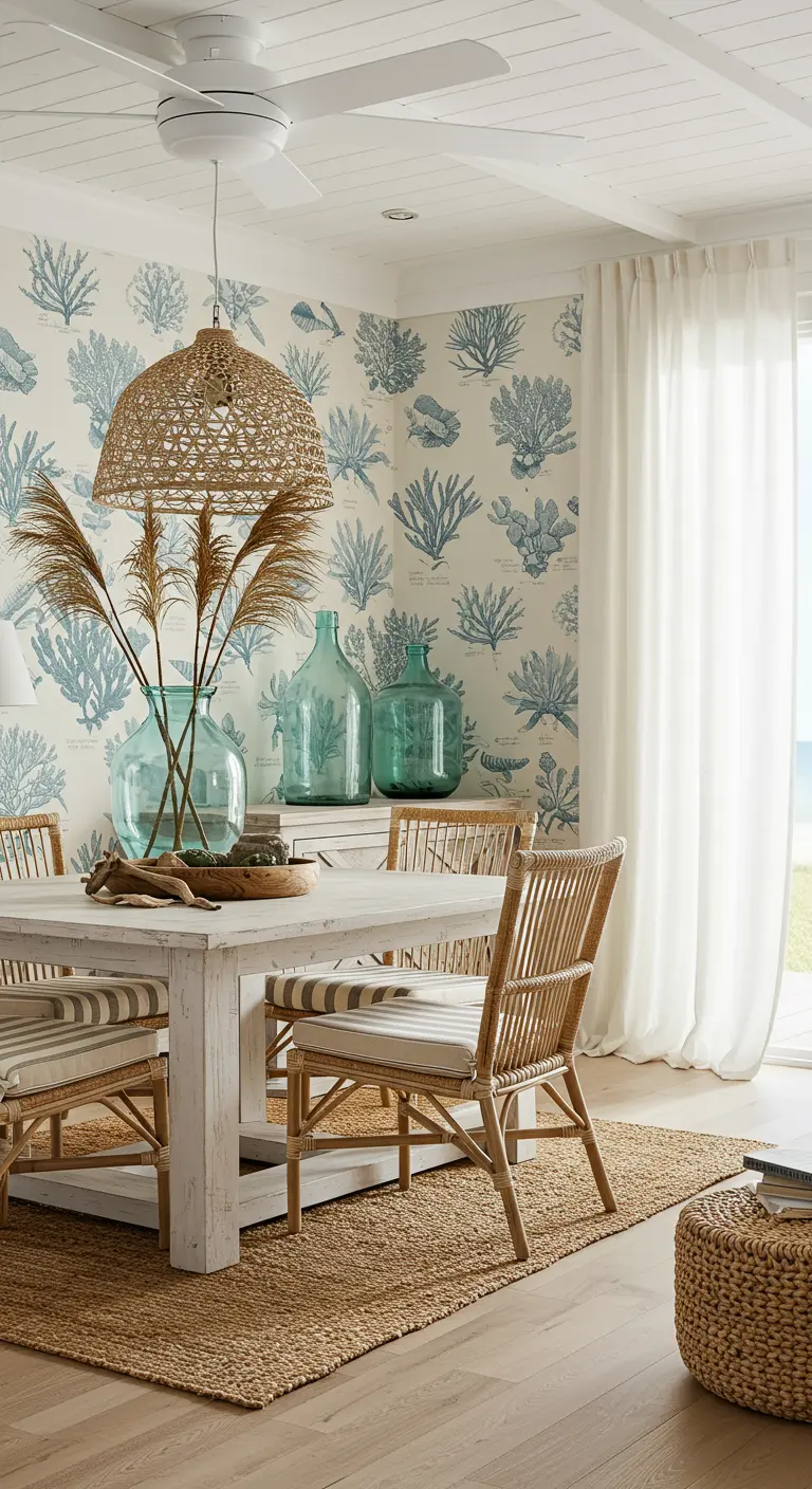 Lichte eetkamer met blauw koraal behang, witte houten tafel, rotan stoelen, grote glazen vazen en een rotan lamp.