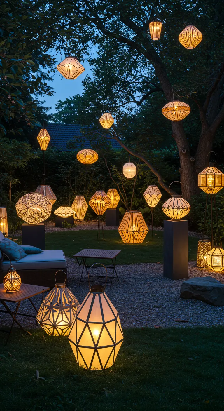 Tuin verlicht met diverse lantaarns, hangende lampen en lichtjes in bomen.