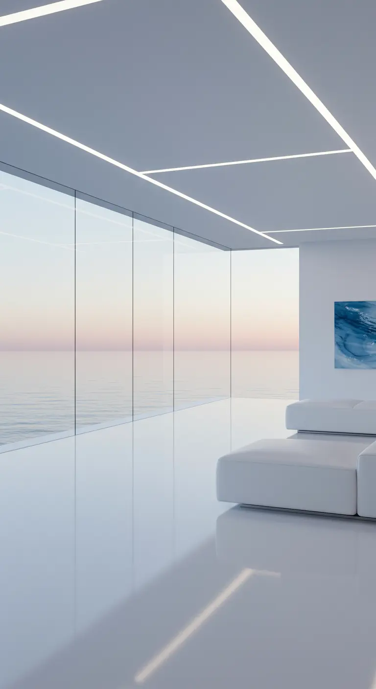 Ultramoderne witte woonkamer met kamerhoge ramen en uitzicht op een kalme zee bij zonsondergang.