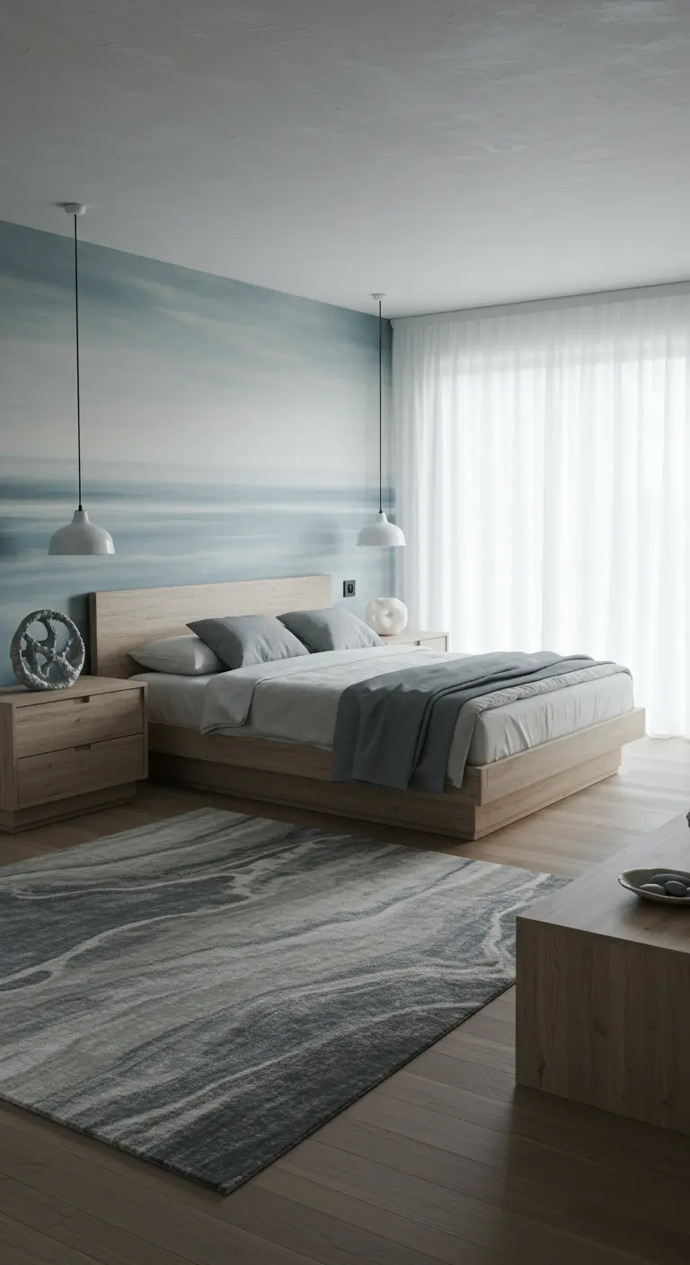 Serene slaapkamer met muurschildering van zeegezicht, licht houten bed en golvend vloerkleed.