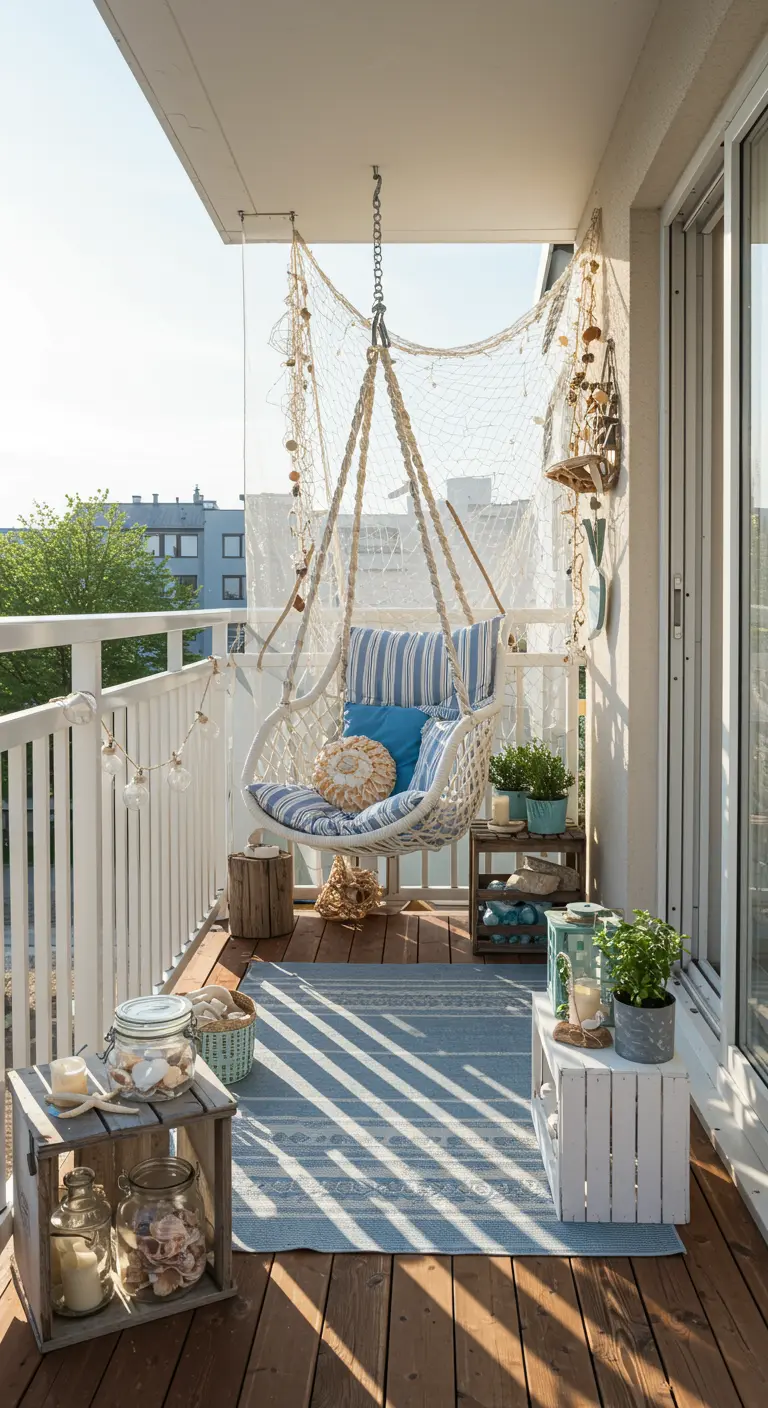 Balkon in maritieme stijl met witte hangstoel, visnet en schelpendecoratie.