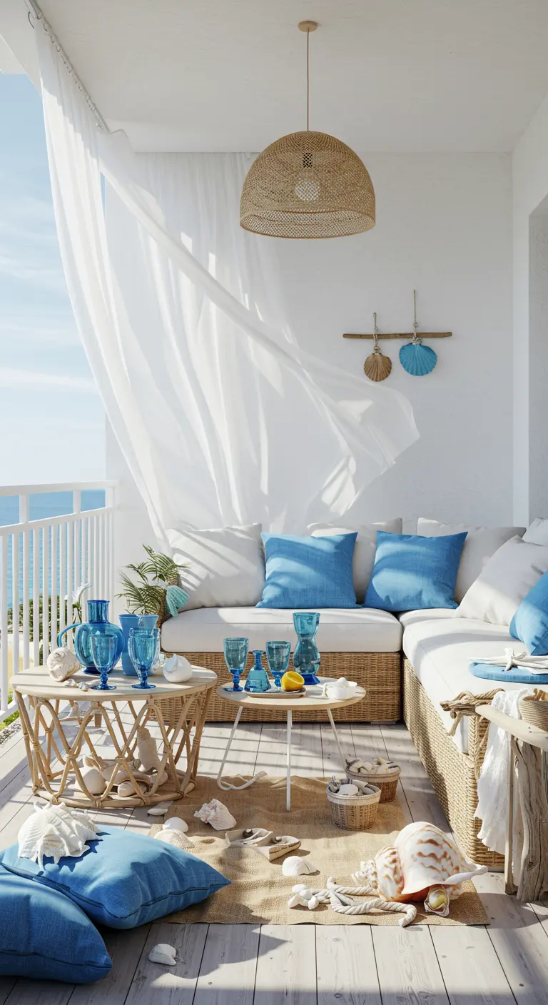 Balkon met strandthema, rieten bank, blauwe kussens, schelpen en zand.