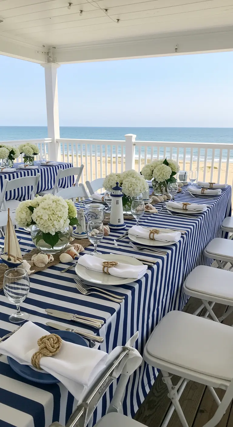 Maritieme tafelsetting met blauw-wit gestreept kleed, witte hortensia's en nautische details.