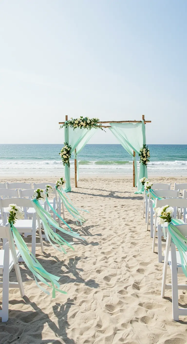 Strandceremonie met houten boog, mintgroene doeken, witte bloemen en linten aan stoelen.