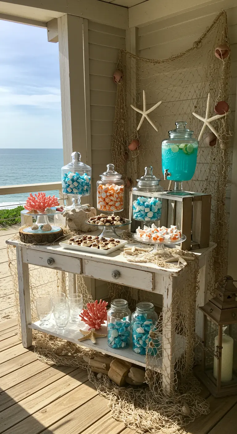 Strandthema candy bar met blauw-wit snoep, schelpen, zeesterren en visnet.