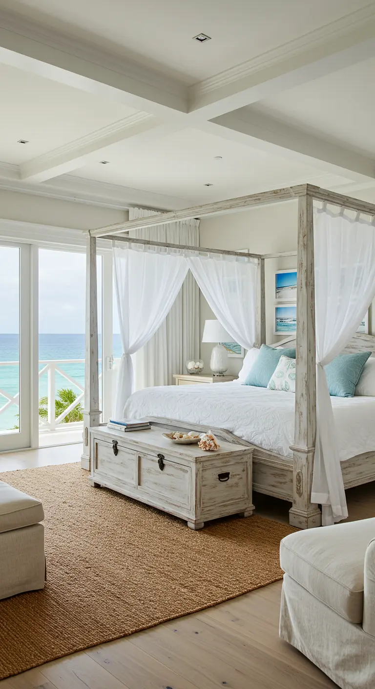 Lichte slaapkamer in kuststijl met wit hemelbed, uitzicht op zee en jute vloerkleed.