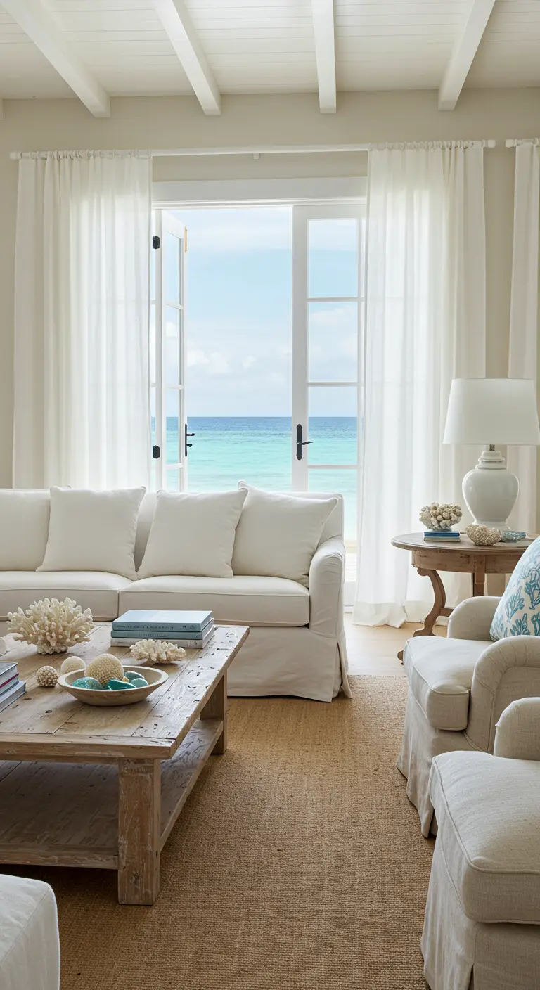Lichte woonkamer in kuststijl met witte meubels, houten tafel en uitzicht op zee.