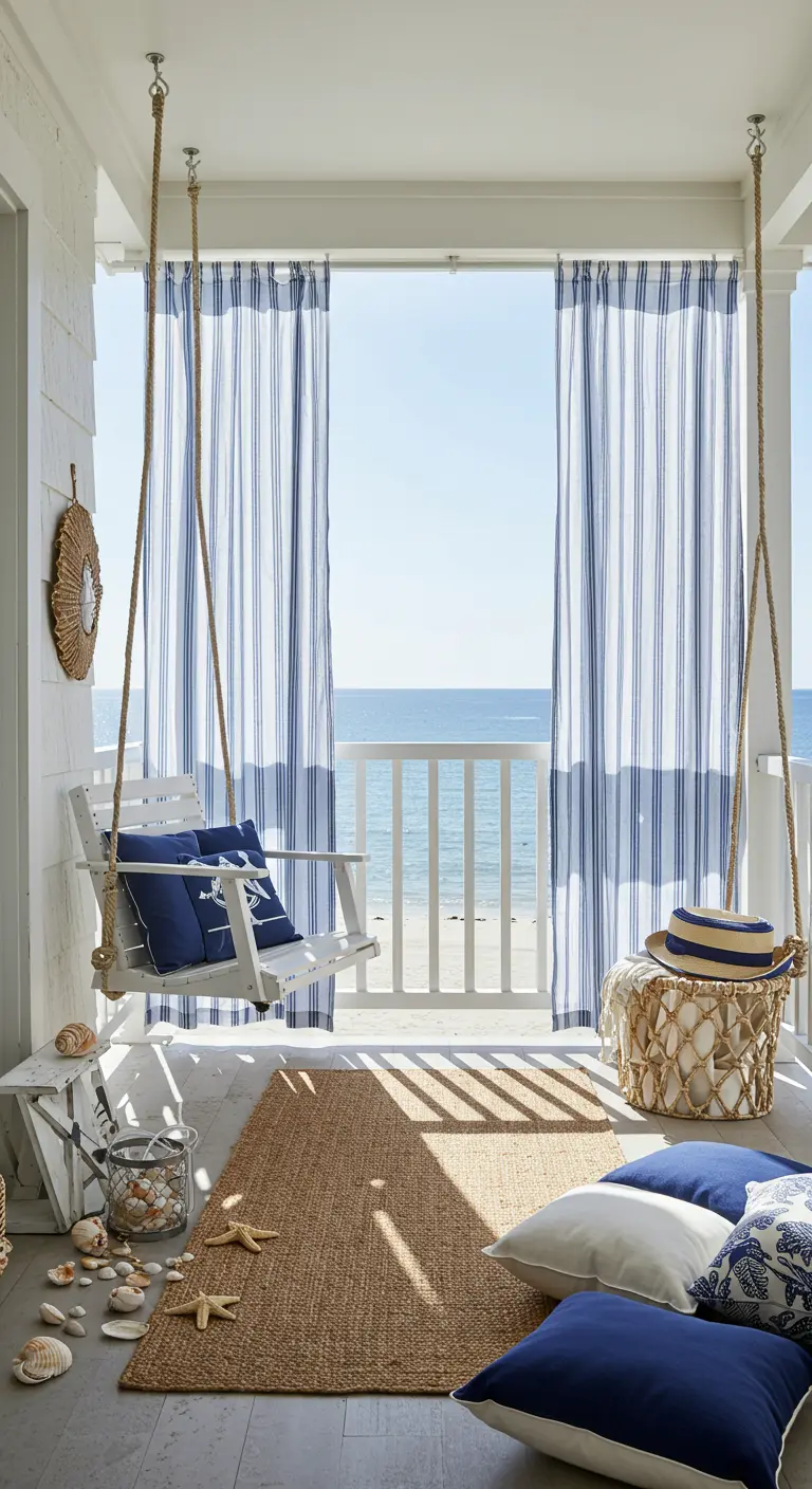 Veranda met witte schommelbank, blauw-wit gestreepte gordijnen en uitzicht op zee.