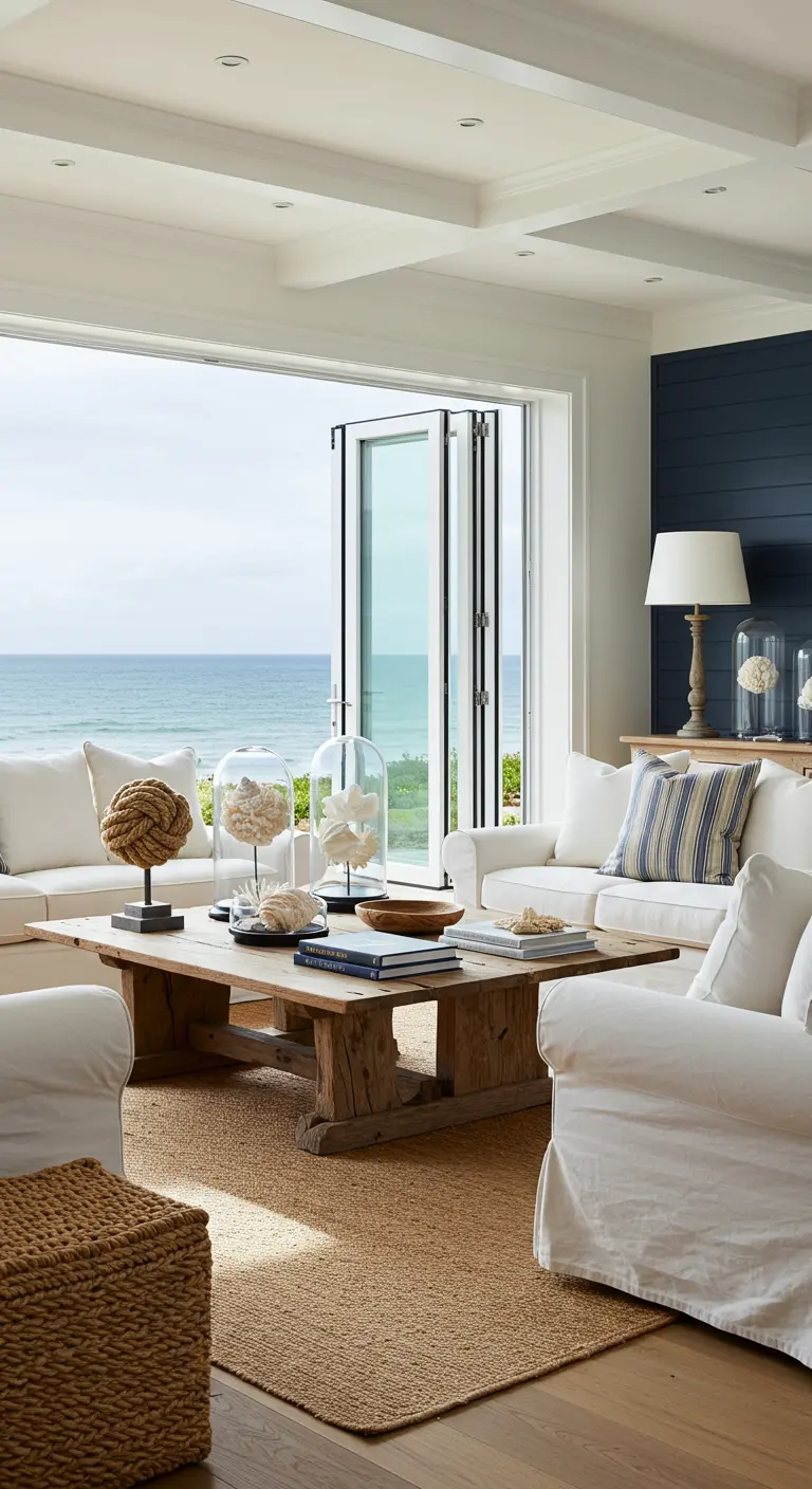Lichte woonkamer met wit meubilair, juten kleed, robuuste houten tafel en uitzicht op zee.