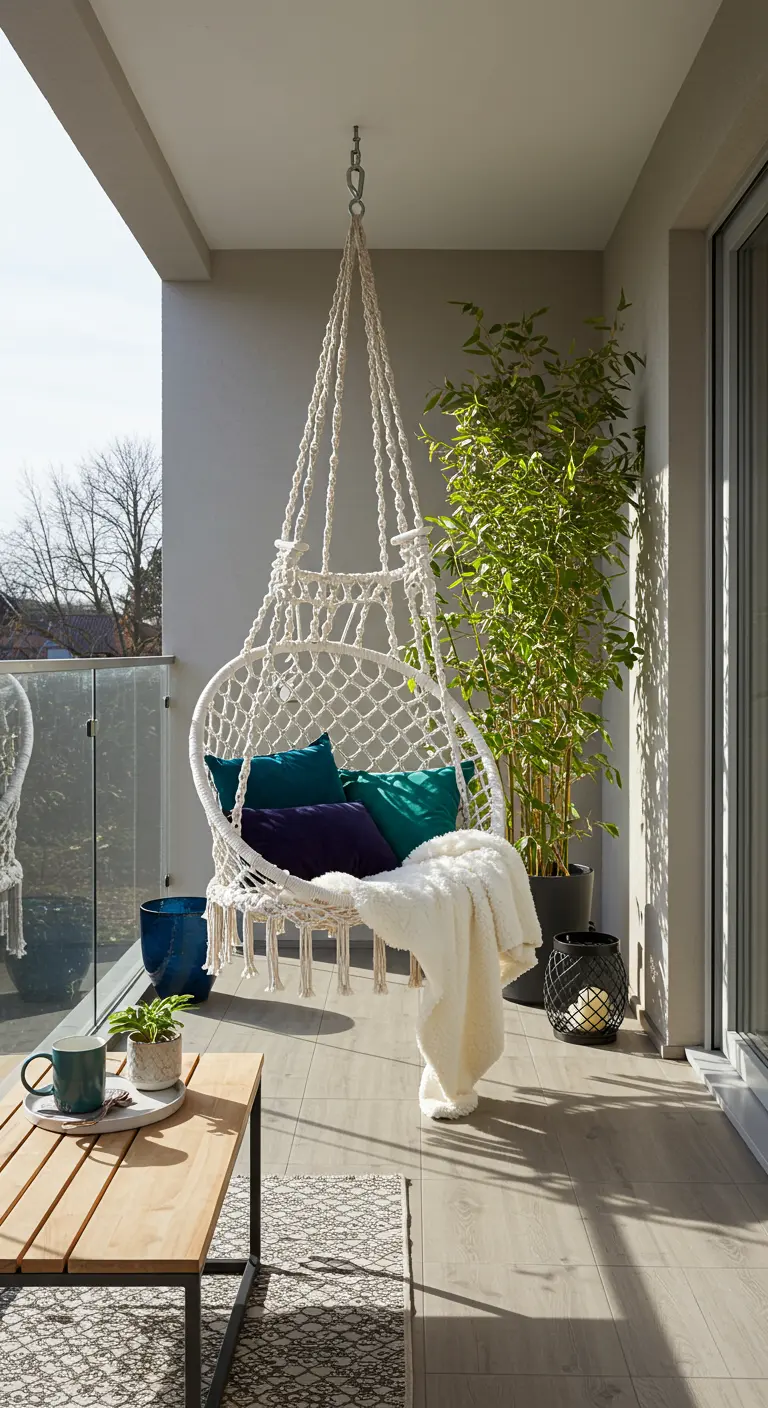 Witte macramé hangstoel met blauwe en groene kussens en wit plaid op balkon.