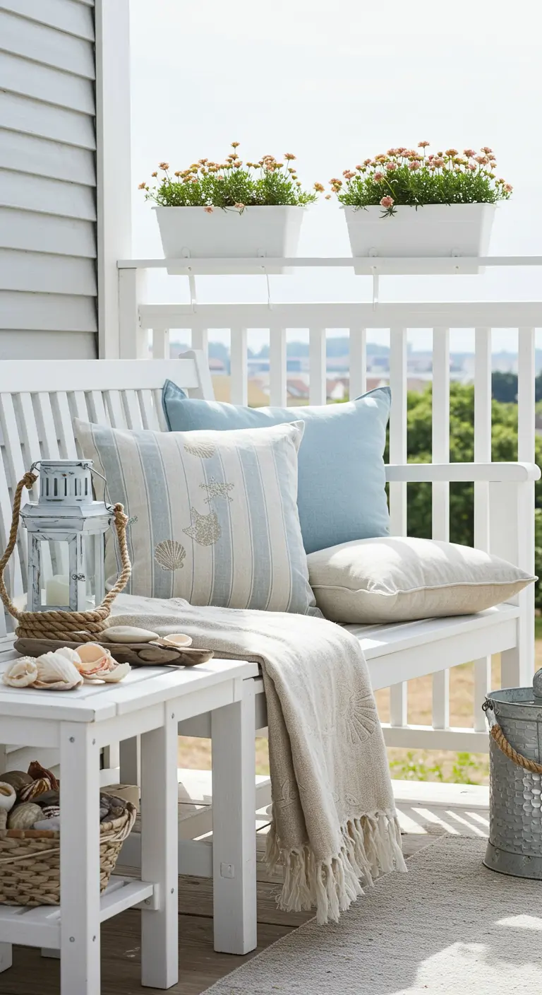 Wit bankje op veranda met blauw-witte maritieme kussens en accessoires.