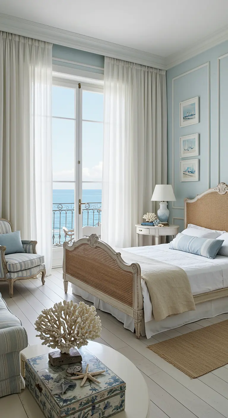 Lichte slaapkamer met rotan bed, uitzicht op zee en lichtblauwe accenten.
