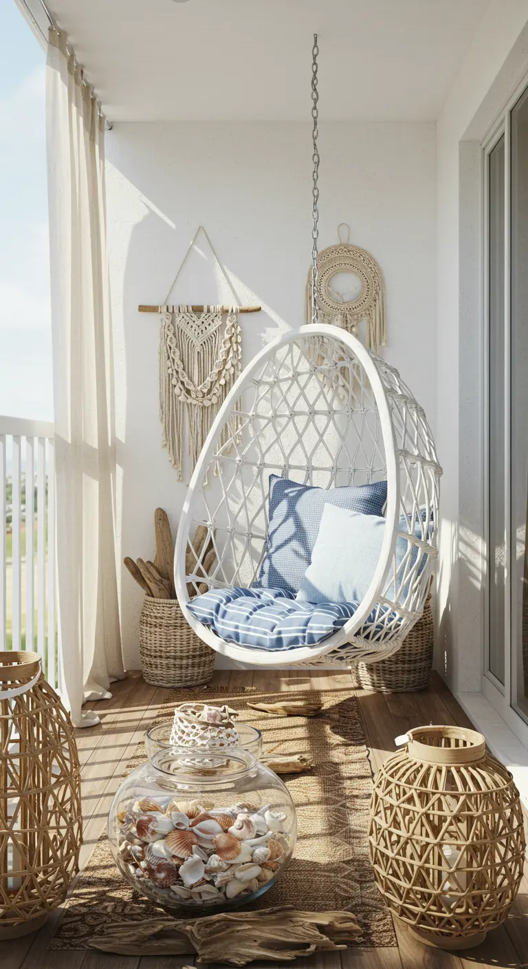 Witte eivormige hangstoel met blauwe kussens, macramé en schelpendecoratie.