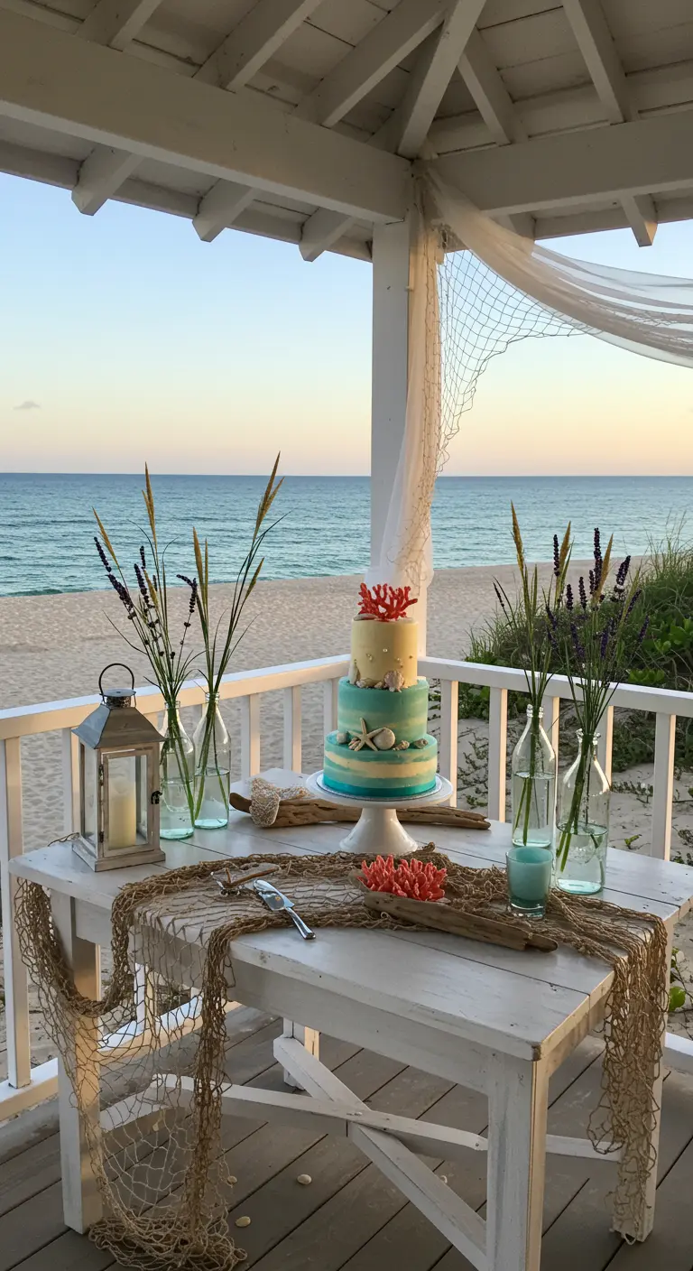 Taarttafel aan het strand met blauw-witte taart, schelpen, visnet en uitzicht op zee.