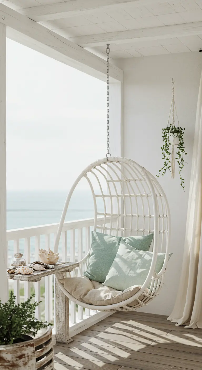 Witte rotan hangstoel op balkon met zeezicht, lichte kussens en schelpendecoratie.