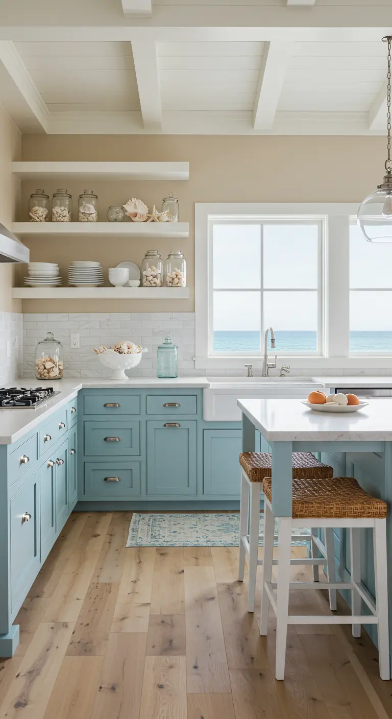 Lichte keuken met blauwe onderkastjes en open planken met schelpen en wit servies.