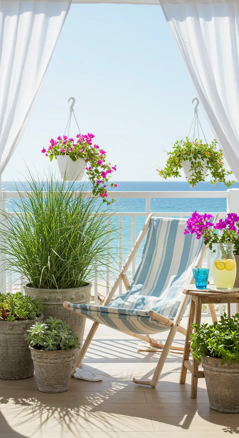 Strandstoel op balkon met uitzicht op zee, hangplanten en witte gordijnen.