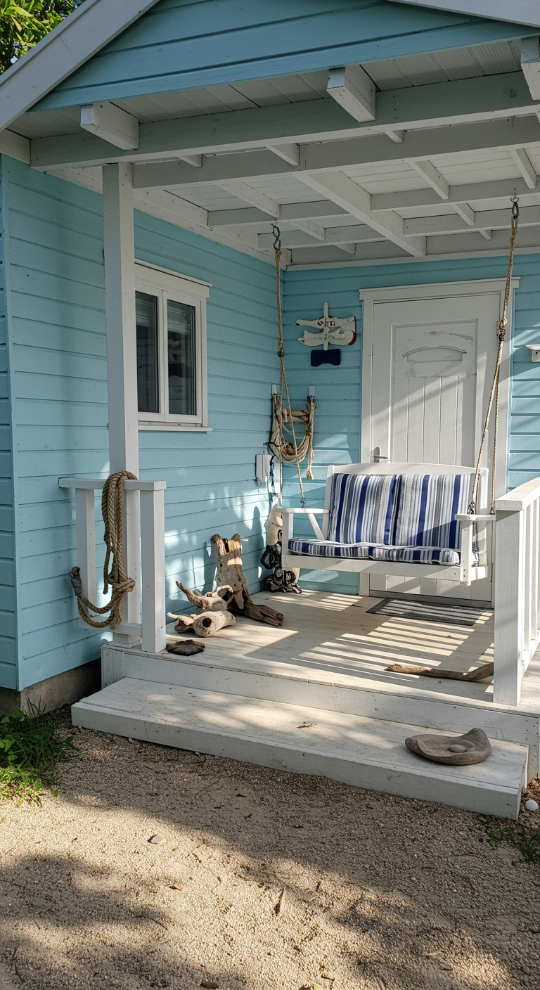 Lichtblauw tuinhuis met witte veranda en maritieme schommelbank.