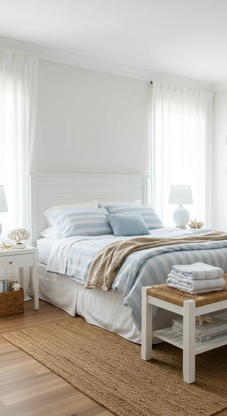 Lichte slaapkamer in kuststijl met wit bed en wit bankje met geweven zitting.