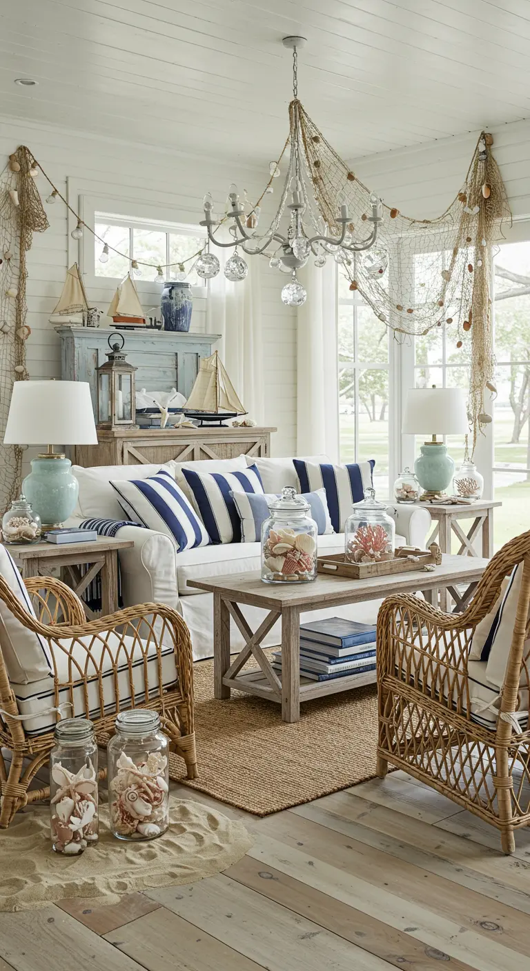Woonkamer in maritieme stijl met witte meubels, blauwe accenten en schelpendecoratie.