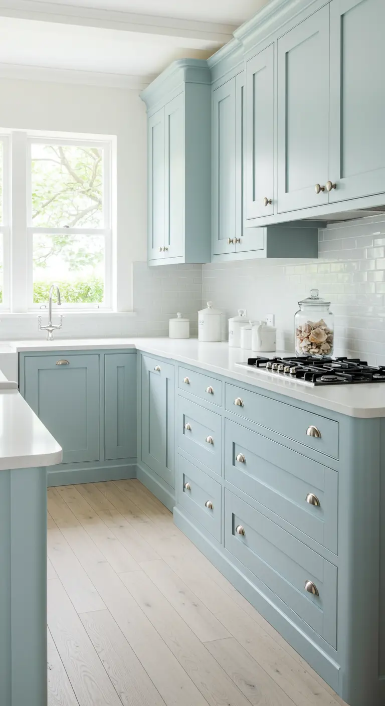 Lichtblauwe keuken met zilveren schelpgrepen en witte accenten.