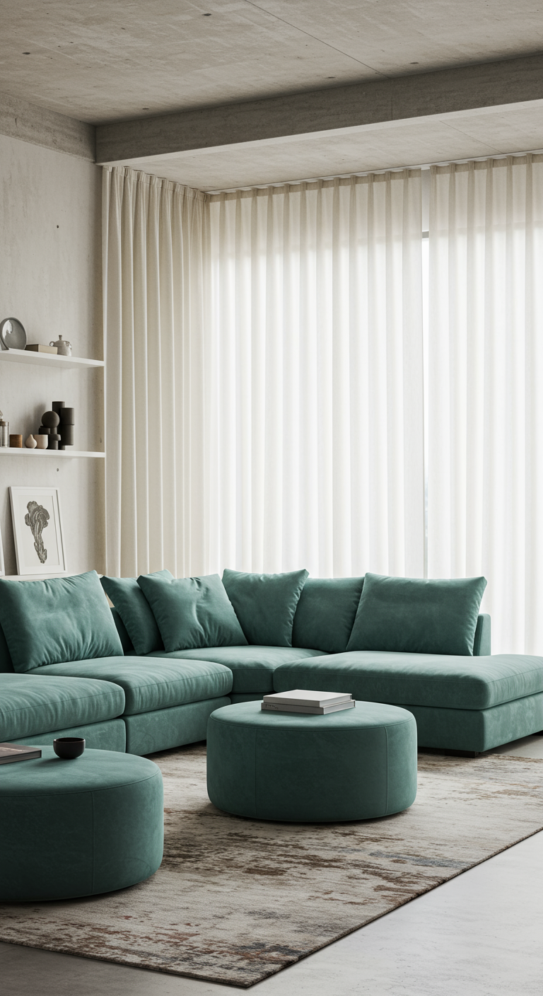 Moderne woonkamer met zeegroene fluwelen hoekbank en ronde poefs.