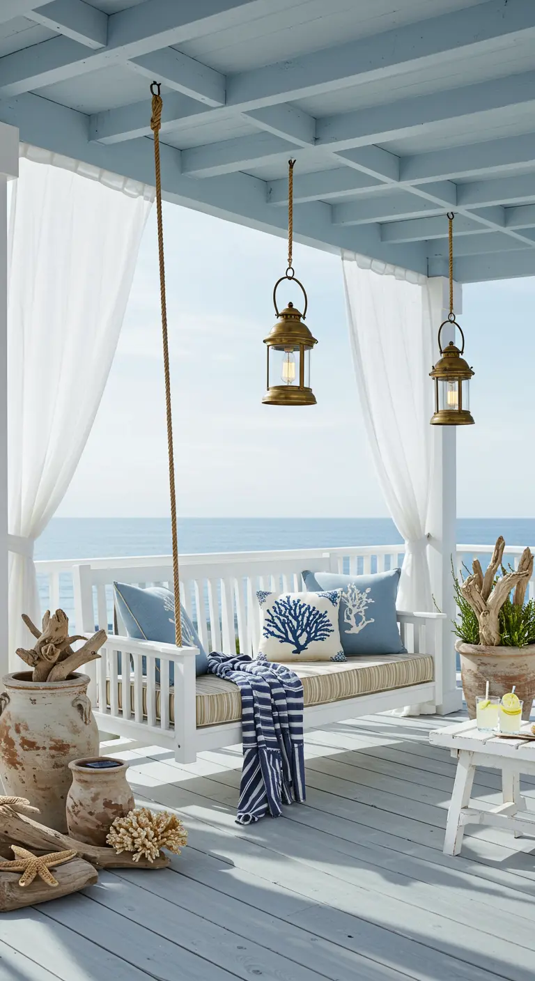 Witte schommelbank met blauwe kussens en maritieme decoraties onder een lichtblauwe overkapping met witte gordijnen, uitzicht op zee.