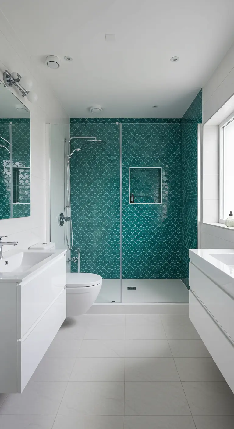Badkamer met turkoois geschubde tegels in de douche en witte elementen.