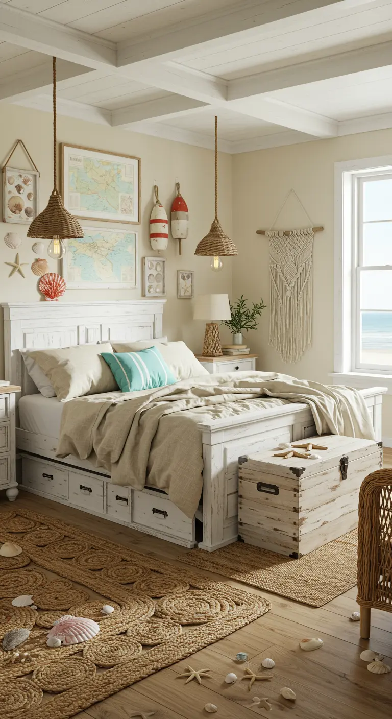 Landelijke strandhuis slaapkamer met wit houten meubels, schelpen en jute vloerkleed.