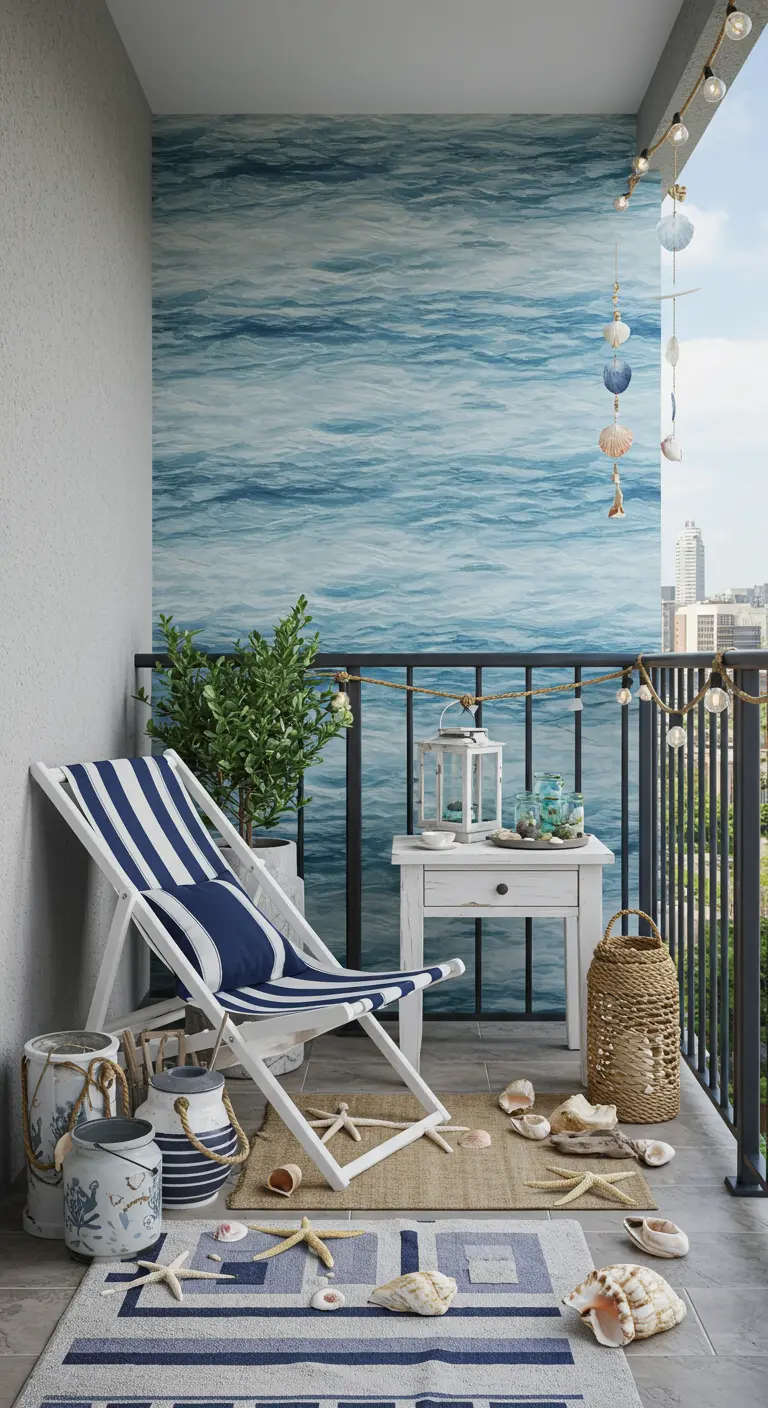 Balkon met buitenbehang van oceaangolven, blauw-witte strandstoel en schelpdecoratie.