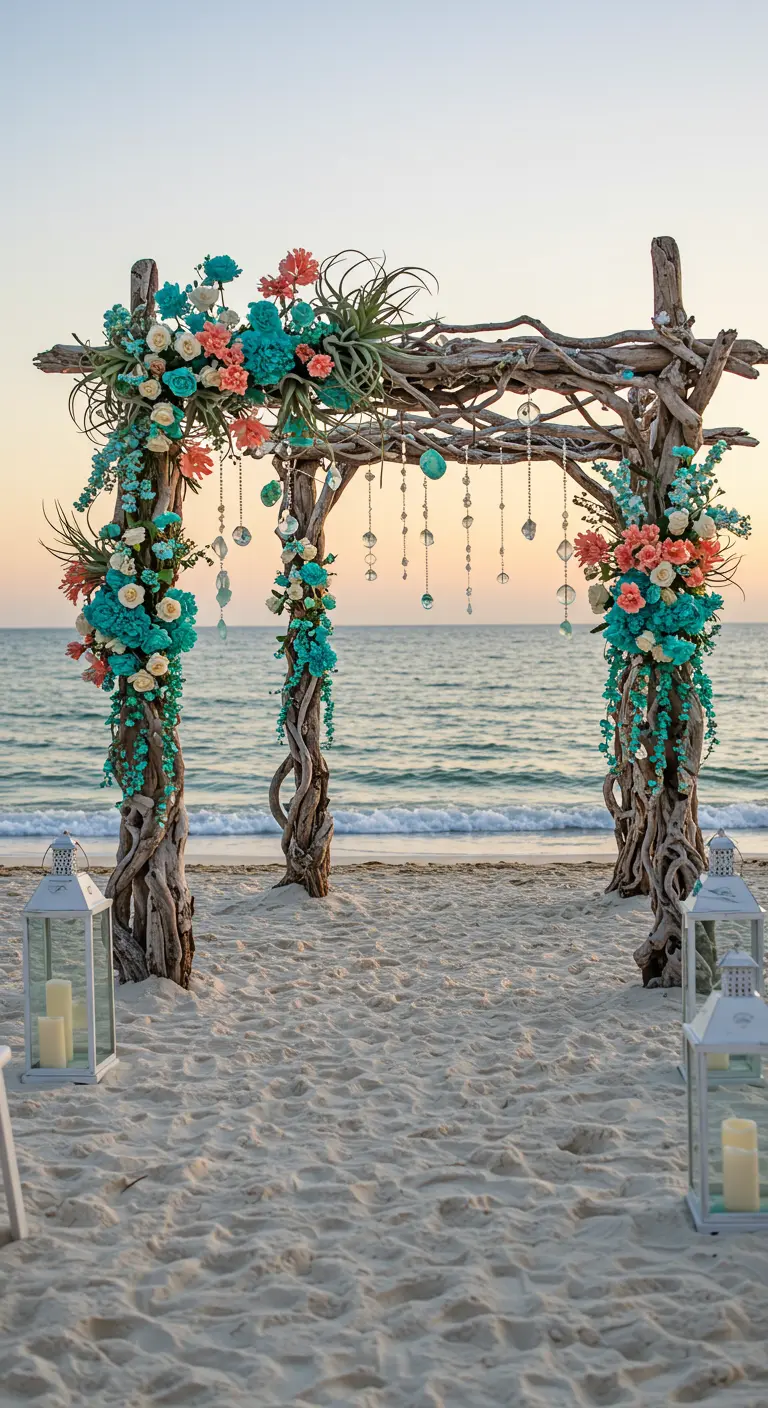 Drijfhouten strandboog met turquoise en koraal bloemen en hangende kristallen.