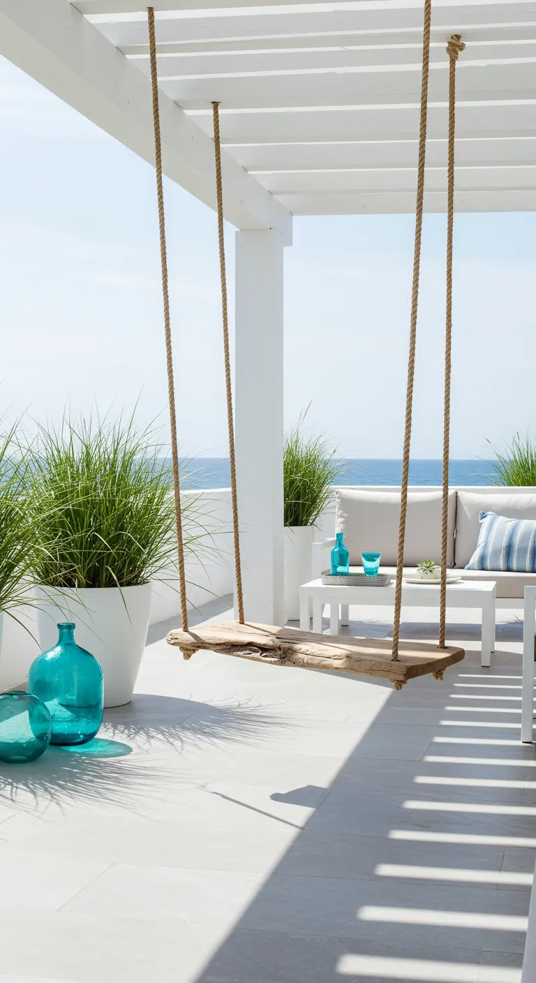 Schommel van drijfhout plank hangend aan pergola op terras met zeezicht.