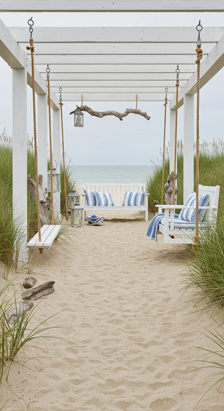 Witte pergola met twee schommels op zandstrand, gestreepte kussens, drijfhout en oceaanzicht.