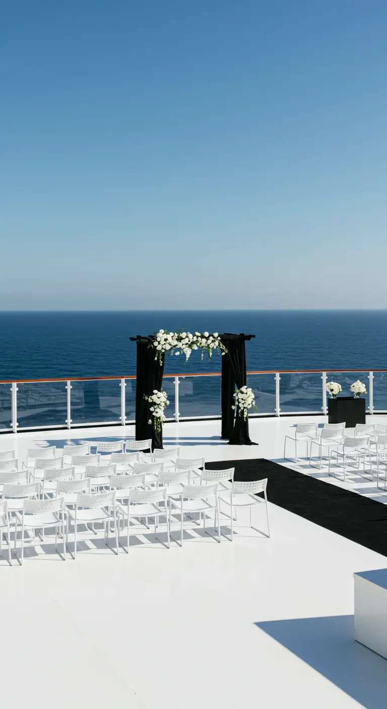 Moderne zwart-wit ceremonie op dek met uitzicht op zee, zwarte boog en witte bloemen.