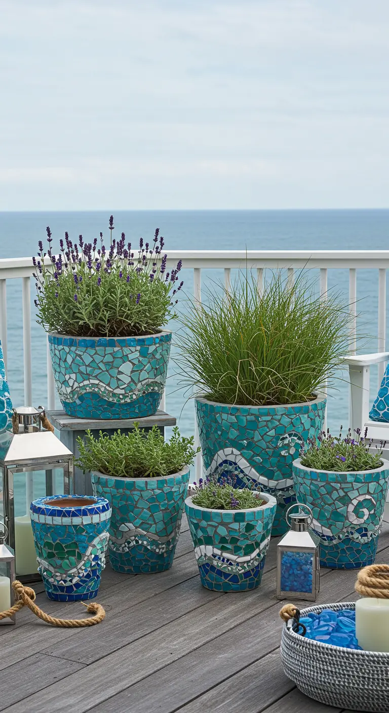 Blauw-wit golvend mozaïek op bloempotten met lavendel en grassen, uitzicht op zee.