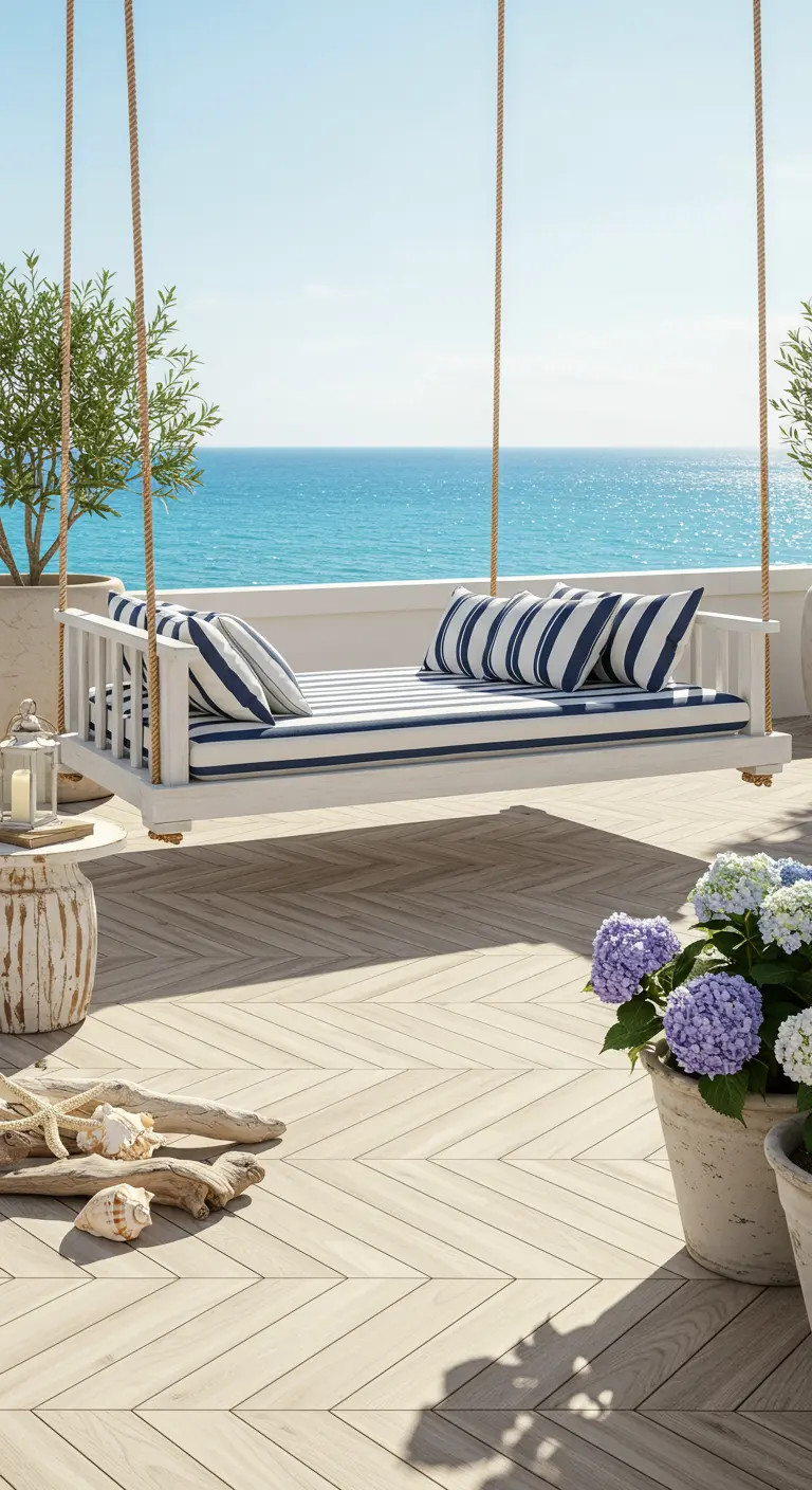 Dakterras met uitzicht op zee, witte schommelbank met gestreepte kussens en lichte houten vloer.