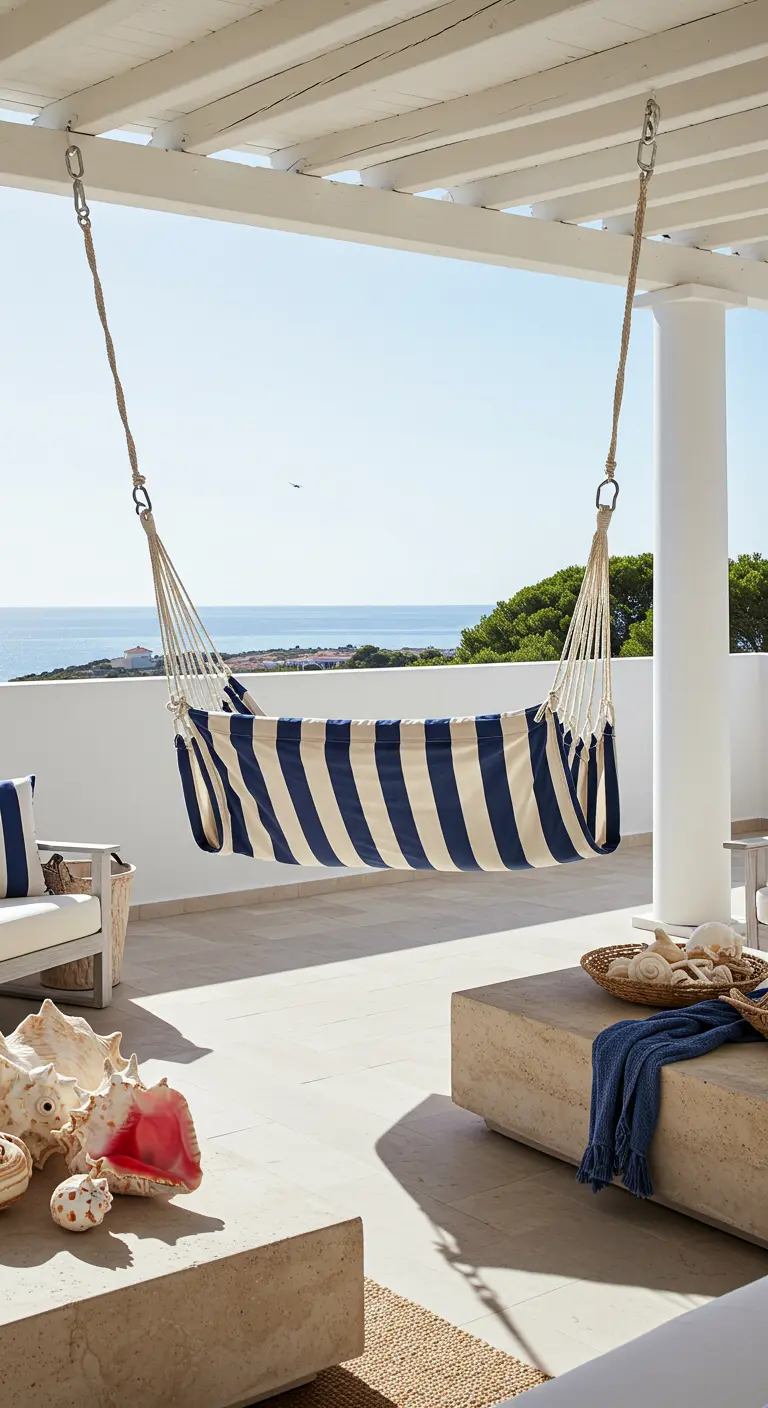 Gestreept schommelbed op een wit terras met uitzicht op zee en schelpen decoratie.