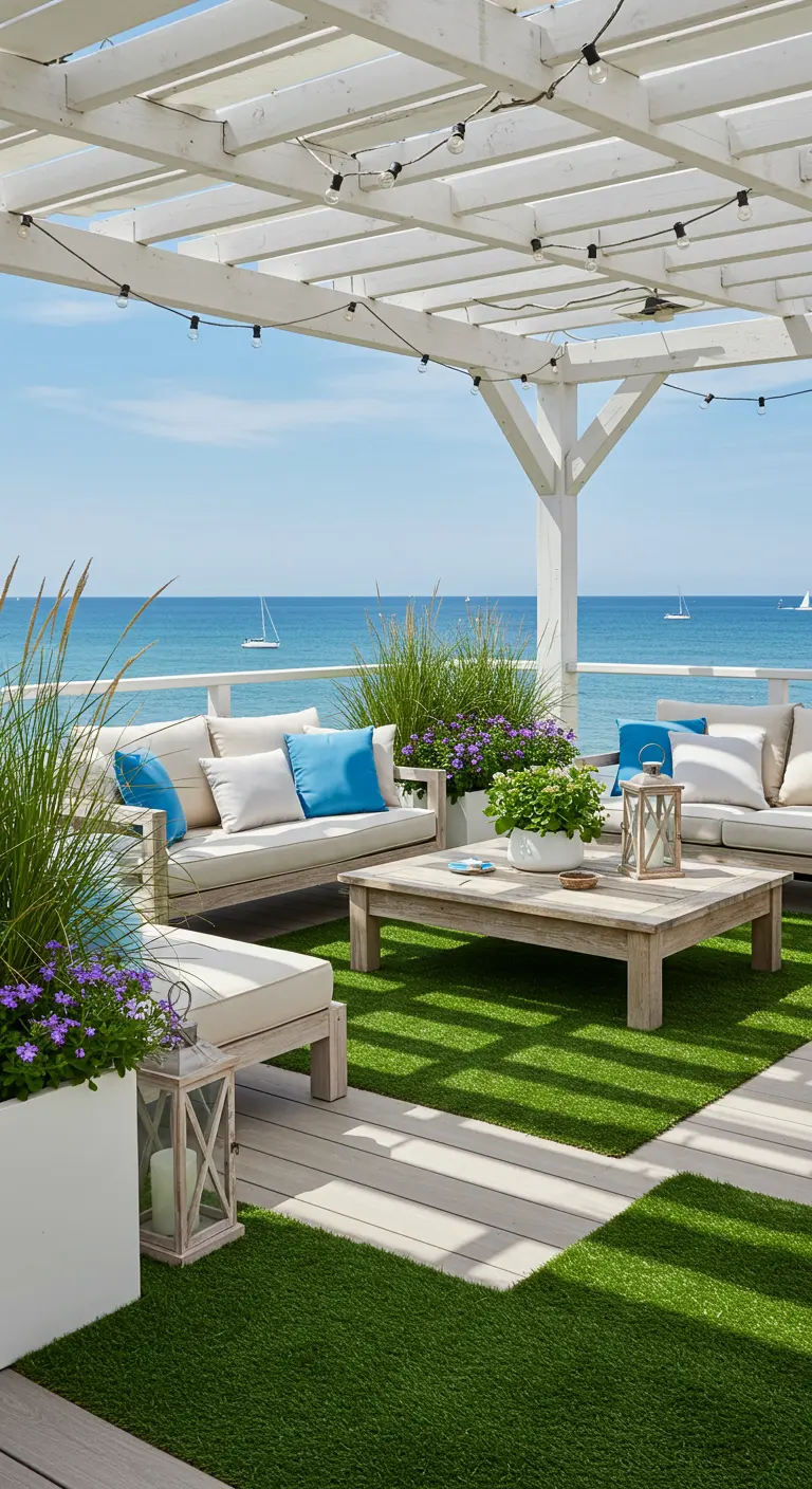 Daktuin met witte pergola, kunstgras, vlonder, loungebanken en uitzicht op zee.