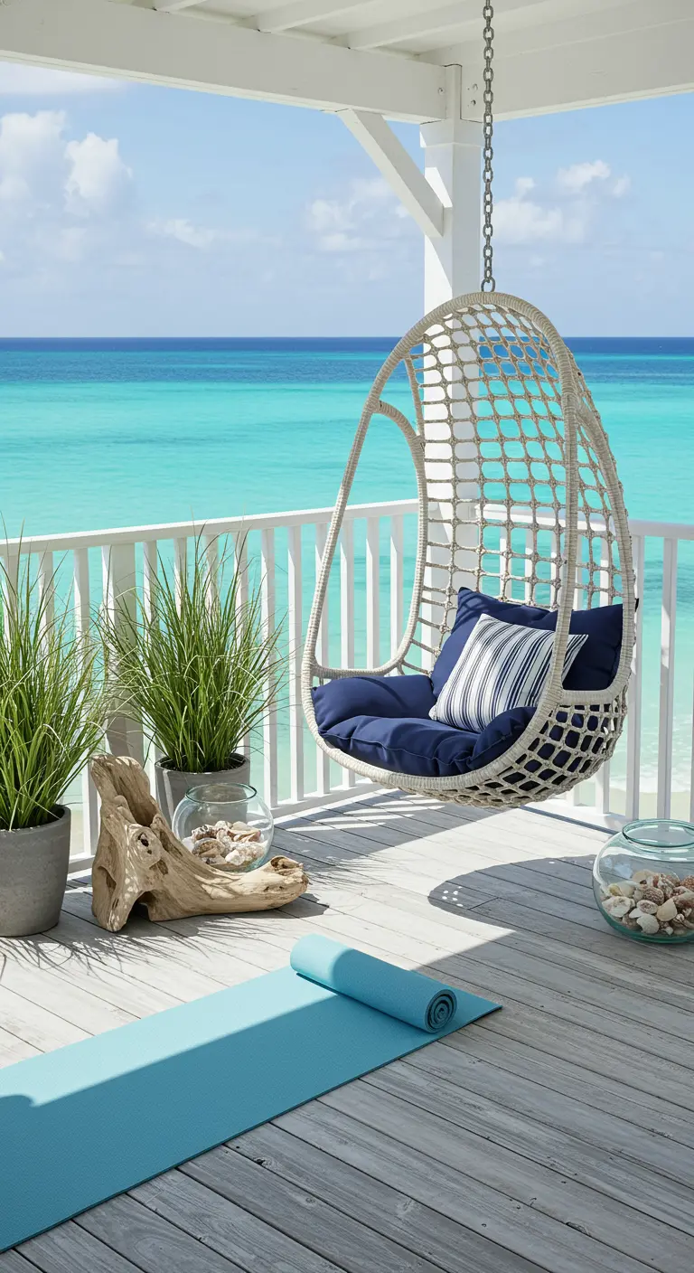 Witte rotan hangstoel op balkon met zeezicht, blauwe kussens en grassen.