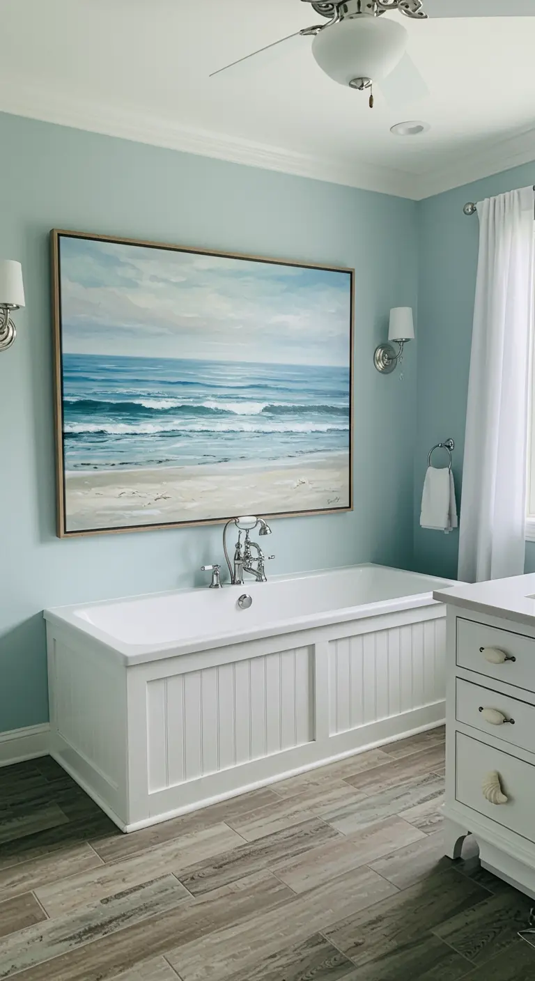 Lichte, coastal stijl badkamer met een groot realistisch schilderij van de zee boven het bad.