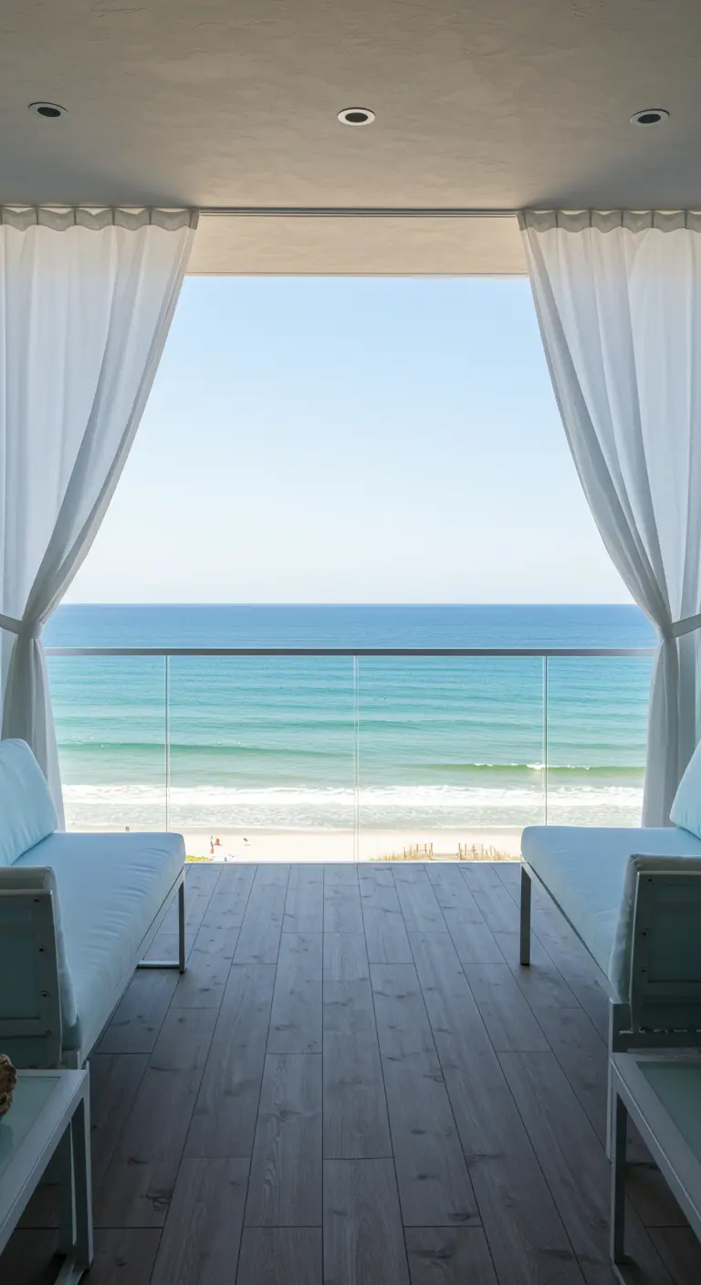 Balkon met glazen balustrade, witte gordijnen en witte loungestoelen met uitzicht op zee.
