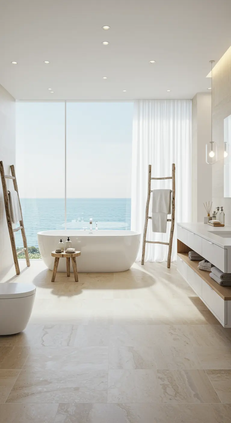 Lichte badkamer met groot raam en zeezicht, houten ladders als handdoekenrek.