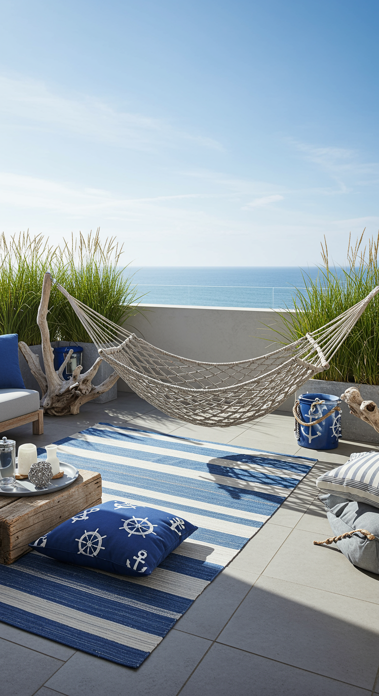 Geknoopte hangmat op dakterras met zeezicht en blauw-witte styling.