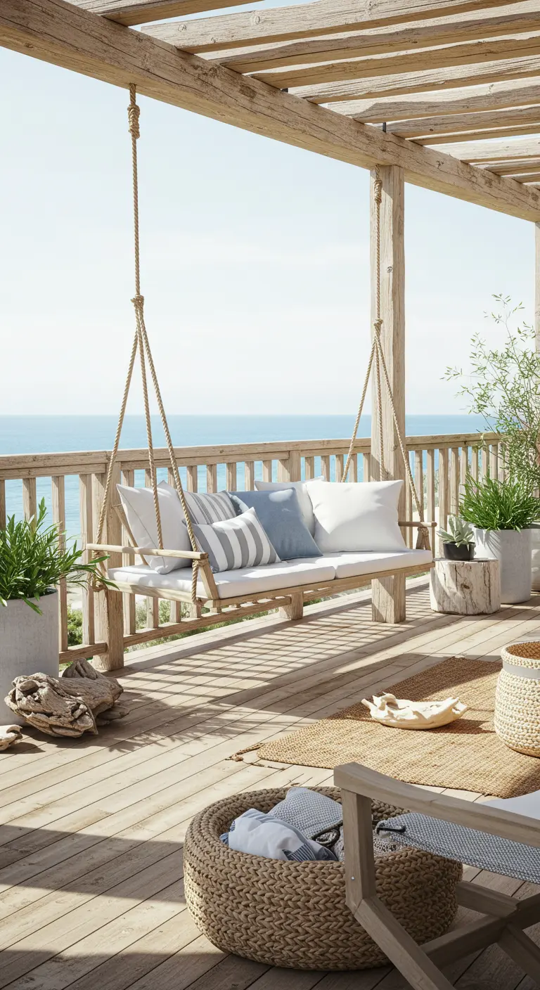 Lichte houten schommelbank op veranda met uitzicht op zee.