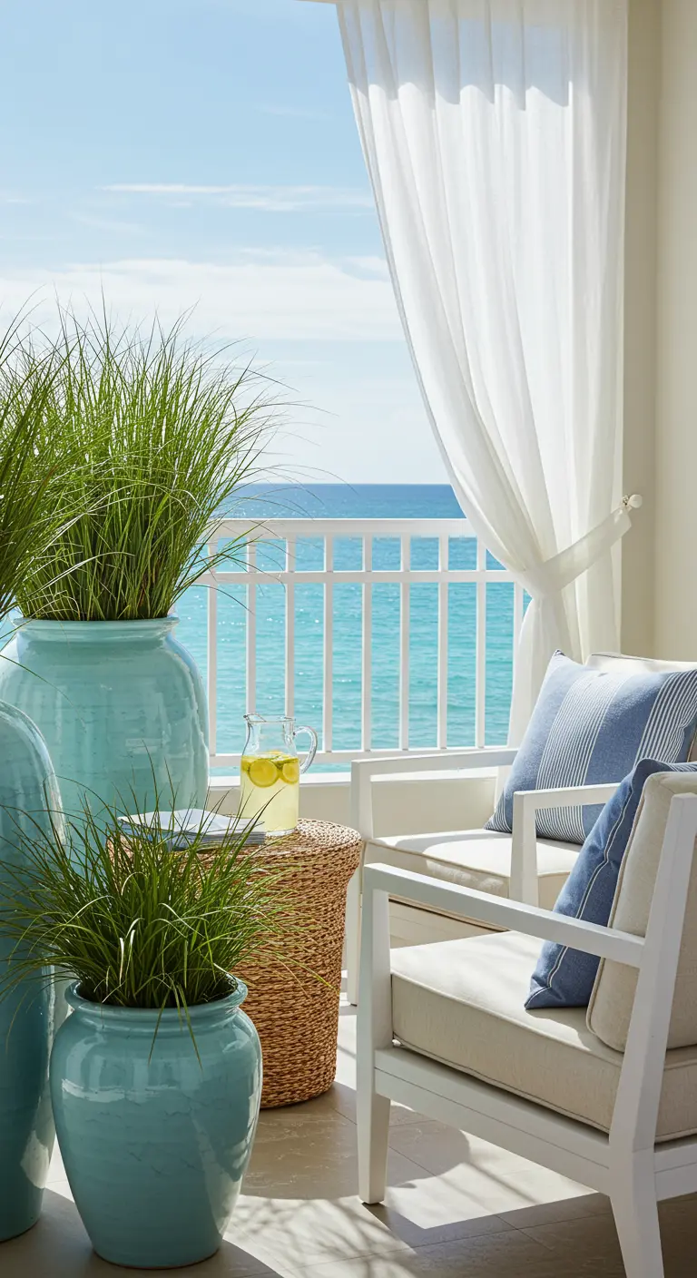 Witte rieten stoelen met blauw-witte kussens op balkon met zeezicht en turquoise potten met gras.