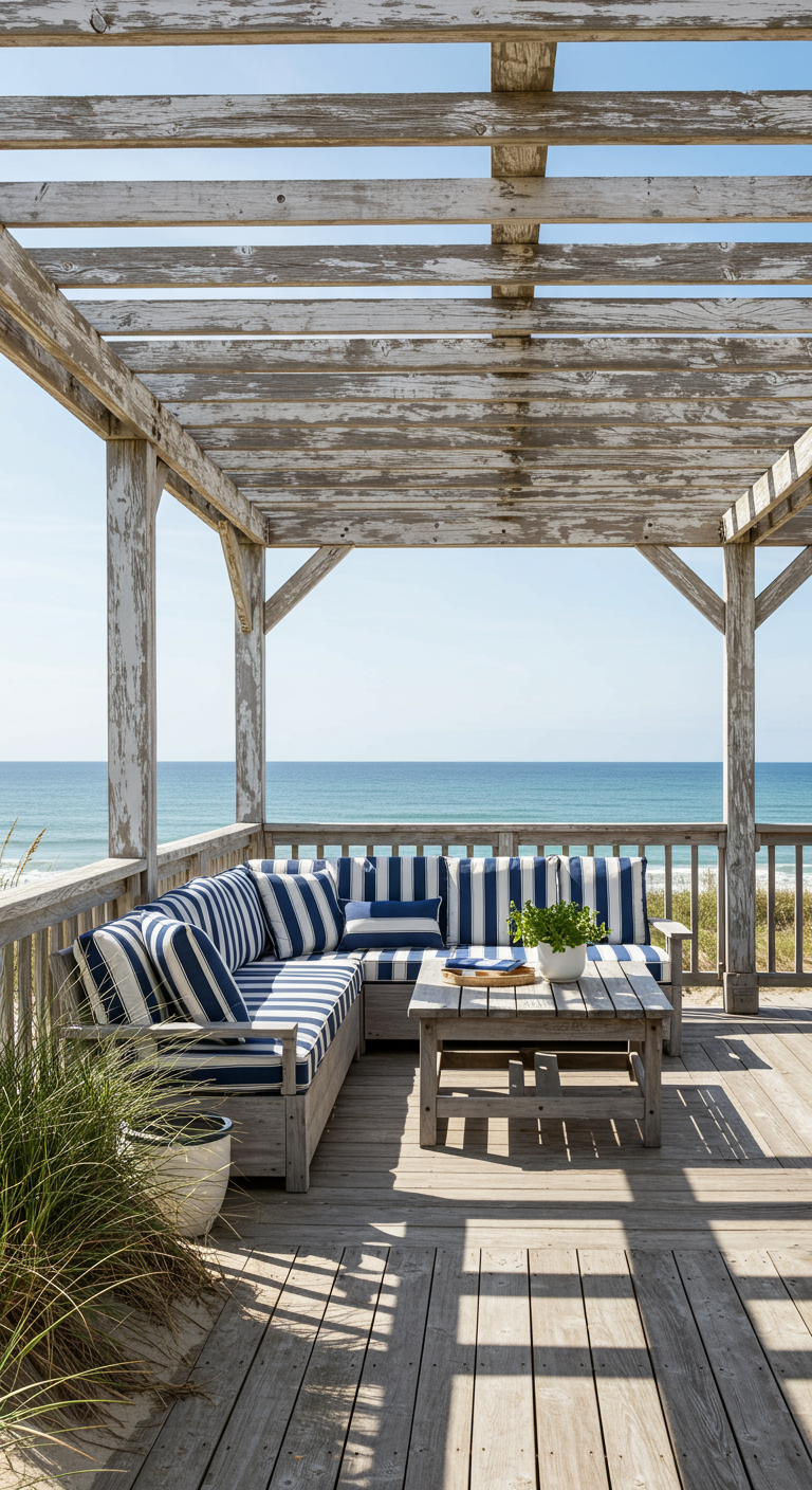 Verweerde witte houten pergola met uitzicht op zee en blauw-wit gestreepte kussens.