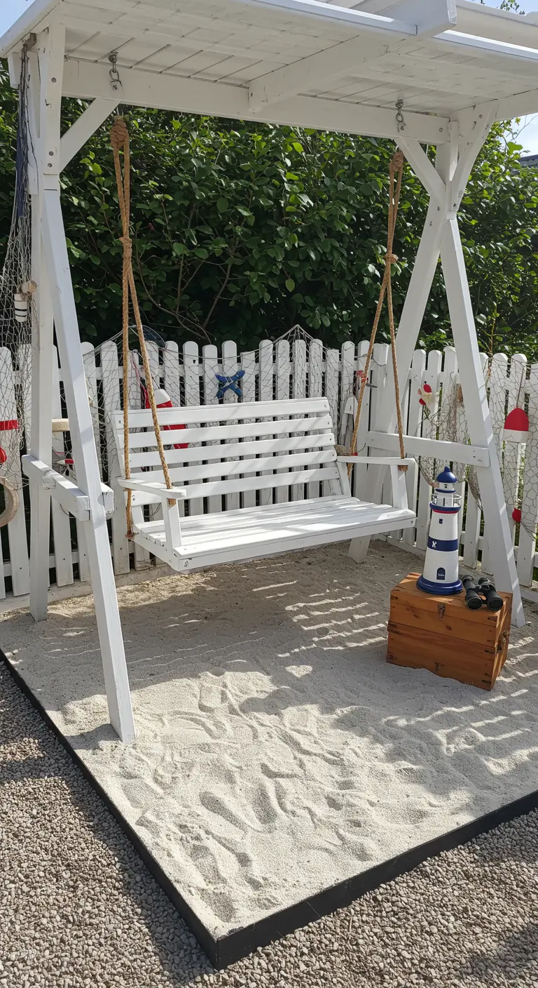 Witte houten schommelbank op zand, met witte picket fence, vuurtoren decor en visnet.